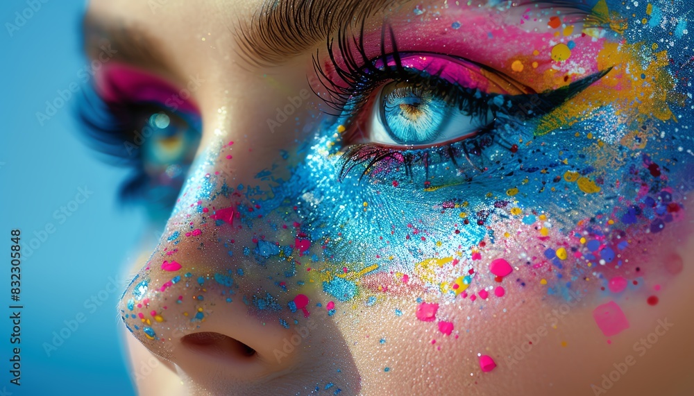 Closeup of a woman's eye with colorful makeup and glitter. Closeup of a woman's eye with colorful makeup and glitter.
