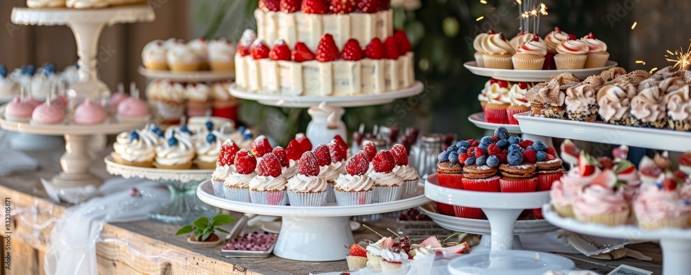 Delicious assortment of cupcakes and pastries displayed on a dessert table for a celebration or party event. Delicious assortment of cupcakes and pastries displayed on a dessert table for a celebration or party event.