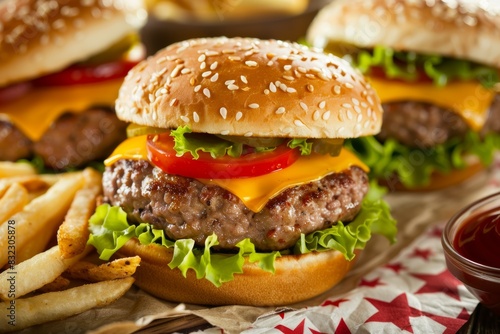 Close-up of delicious cheeseburgers with fresh lettuce  tomato  and sesame buns served with crispy fries and ketchup. food for USA 4th July Independence Day