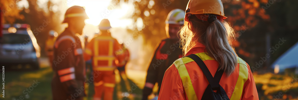 A female worker in a safety vest looks on as emergency responders gather in the golden light of sunset