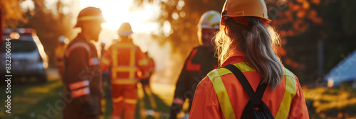 Obraz na płótnie A female worker in a safety vest looks on as emergency responders gather in the golden light of sunset w salonie