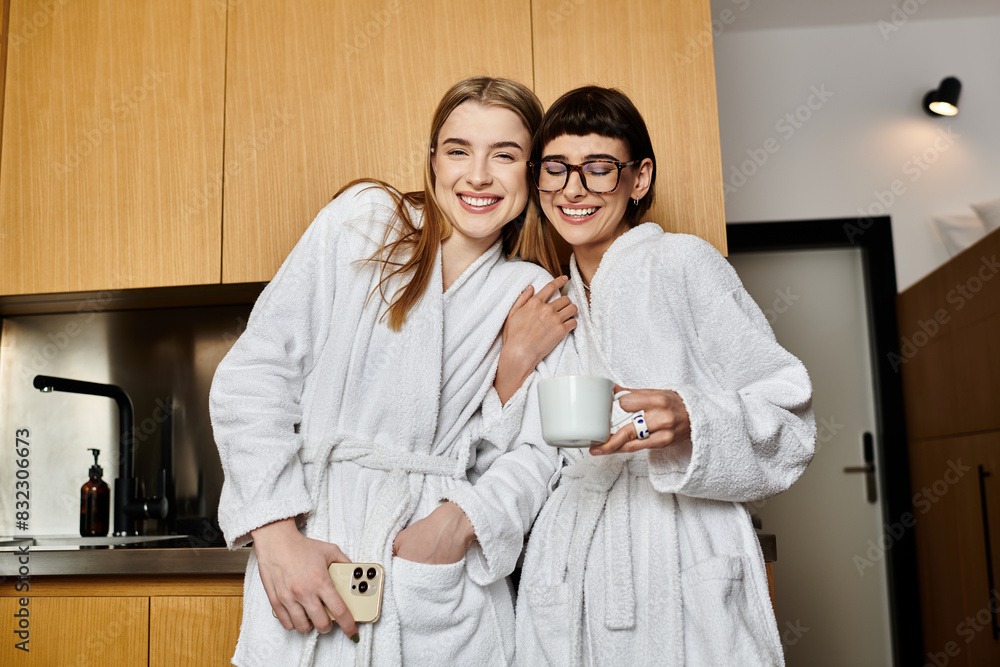 Two women, a young lesbian couple, wearing bath robes, standing next to each other in a hotel room. Two women, a young lesbian couple, wearing bath robes, standing next to each other in a hotel room.