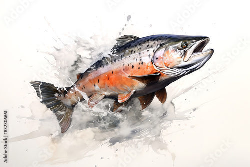 Watercolor painting of salmon fish on a clean background. Fish. Food. Underwater animals.