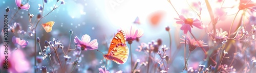 A dreamy scene of butterflies fluttering around pink flowers in a meadow under warm sunlight, creating a magical and serene ambiance. photo