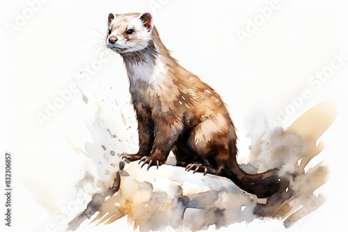 Watercolor painting of weasel / mink / ferret / ermine / polecat on White Background: Wildlife Portraits Featuring Cute Animals with Brown Fur. Wild Animals.