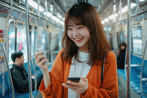 Happy Woman Using Smartphone on Train