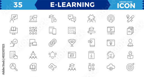 E-learning Pixel Perfect Black and White icon set. Online education Elements Outline icon set. Smart Learning. e-learning, E-Learning, Audio Book, zvideo courses, Graduation, Education Platform ideas