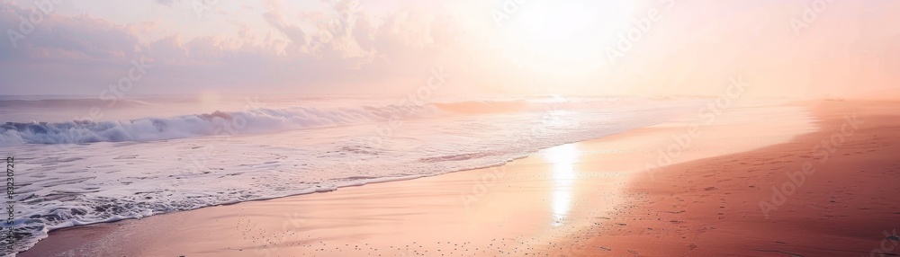 A serene beachscape with gentle waves washing ashore, bathed in a pastel-colored sunrise, creating a tranquil and picturesque coastal scene. A serene beachscape with gentle waves washing ashore, bathed in a pastel-colored sunrise, creating a tranquil and picturesque coastal scene.