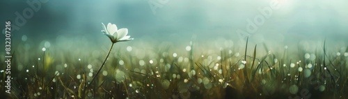 A serene single white flower stands gracefully amidst a field of dewy grass, bathed in soft early morning light.