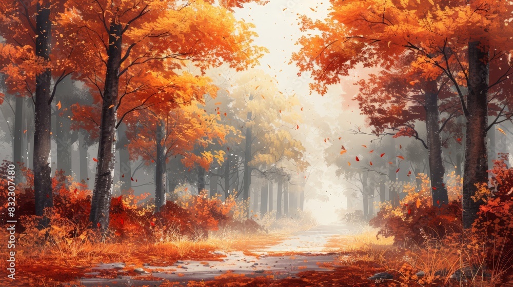 Develop an illustration of a woodland path lined with fall foliage. Use simple shapes and a limited color palette to convey the serene, natural beauty of an autumn walk in the woods.