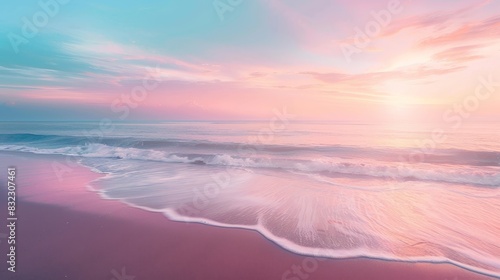 A stunning pastel-colored sunrise over a tranquil beach with gentle waves and a serene, colorful sky. Perfect for relaxation and tranquility themes.