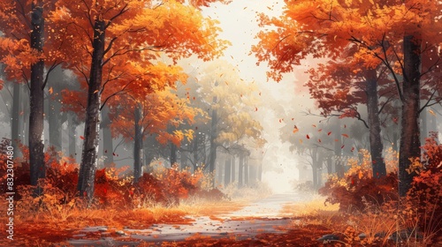 Develop an illustration of a woodland path lined with fall foliage. Use simple shapes and a limited color palette to convey the serene, natural beauty of an autumn walk in the woods.