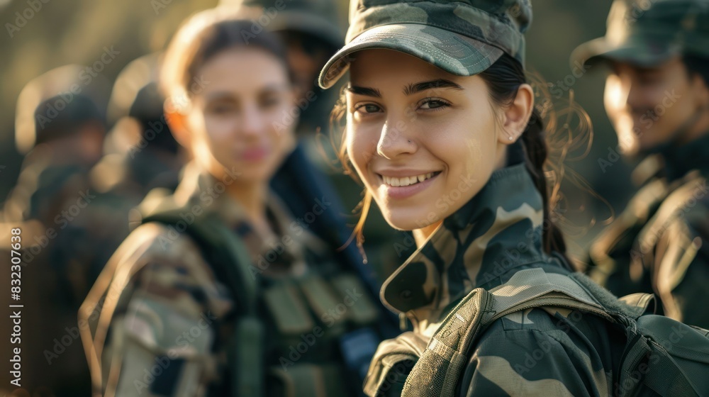 Smiling Young female adult soldier in a soldier's uniform together with other soldiers in a soldier's uniform on a mission. 