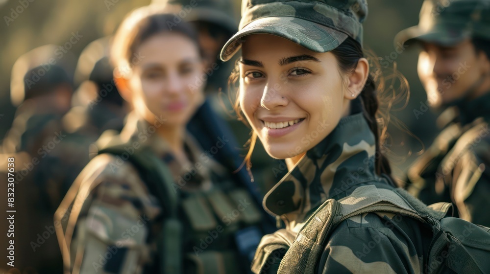 Smiling Young female adult soldier in a soldier's uniform together with other soldiers in a soldier's uniform on a mission. Smiling Young female adult soldier in a soldier's uniform together with other soldiers in a soldier's uniform on a mission.