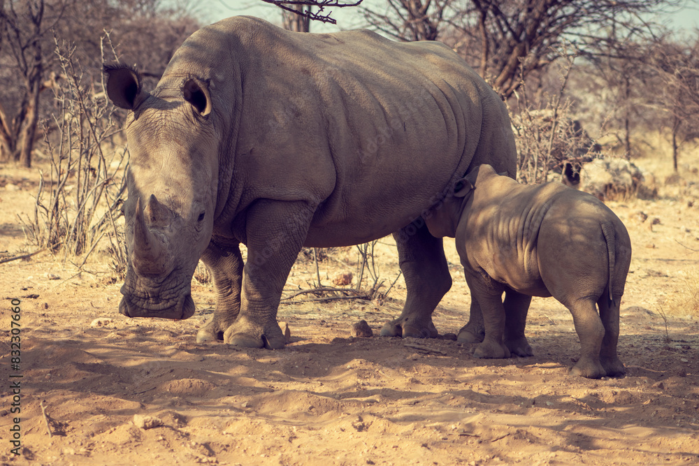 Naklejka premium White rhinoceros or square-lipped rhinoceros with her newborn baby in Etosha National Park, Namibia.