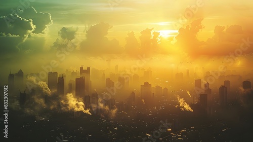 A cityscape with a bright yellow sun in the center surrounded by a network of lines. The city is filled with tall buildings and a smoggy atmosphere photo
