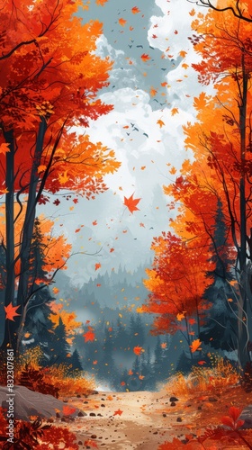 Create a minimalist illustration of crisp autumn air. Use soft, flowing lines and a cool color palette with hints of warm tones to evoke the feeling of a brisk fall day. photo