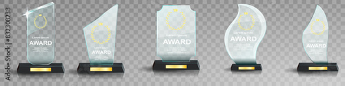 Glass award trophy set. Transparent prize template. Winner first place concept. Vector illustration. Winner glass trophy. First place award, crystal prize and signed acrylic trophies. Glass awarding t