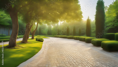 shiny golden stone paved road with stonal sidewalks and green bushes and trees on sides, stone path with green trees and pavement on outdoor landscape photo