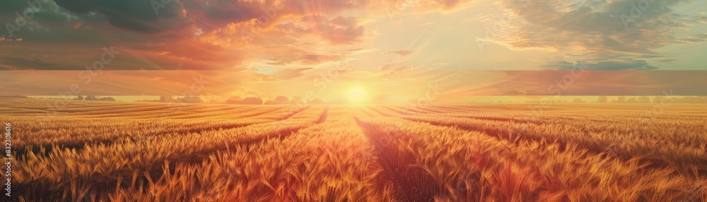 Beautiful golden wheat field at sunset, with warm light and dramatic clouds, perfect for nature, agriculture, and landscape themes.