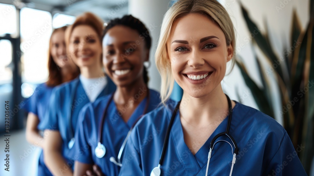 Smiling beautiful female healthcare workers looking at the camera Smiling beautiful female healthcare workers looking at the camera