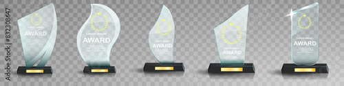 Glass award trophy set. Transparent prize template. Winner first place concept. Vector illustration. Winner glass trophy. First place award, crystal prize and signed acrylic trophies. Glass awarding t