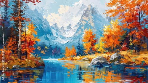 Autumn mountains with vibrant fall foliage and a clear blue river, rich warm colors, oil painting, vivid and picturesque,