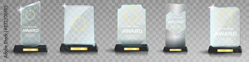 Glass award trophy set. Transparent prize template. Winner first place concept. Vector illustration. Winner glass trophy. First place award, crystal prize and signed acrylic trophies. Glass awarding t
