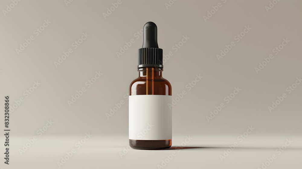 A brown glass dropper bottle with a white blank label on a light grey background, a mockup template for product presentation design. A brown glass dropper bottle with a white blank label on a light grey background, a mockup template for product presentation design.