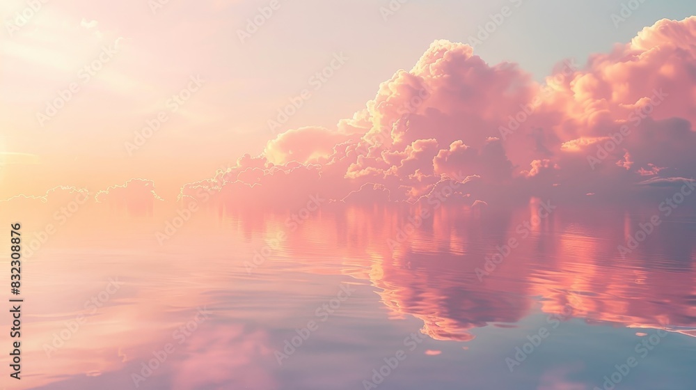 Naklejka premium Beautiful sunset with pink clouds reflected on calm water, creating a serene and dreamy atmosphere with warm lighting.