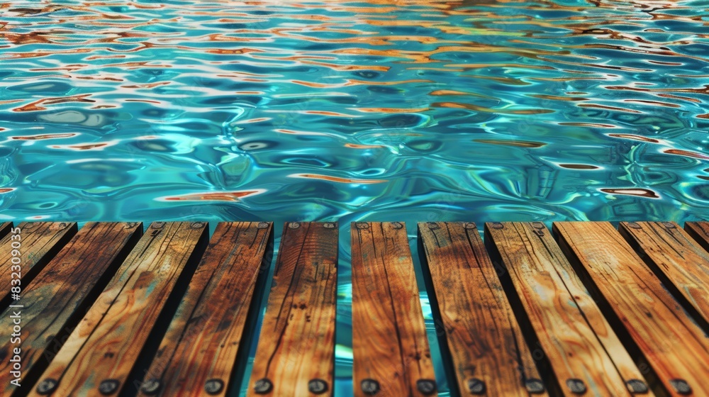 Cool, refreshing essence of summer, featuring the warm tones of a wooden sundeck contrasted with the shimmering blue and turquoise reflections of pool water, ai generated