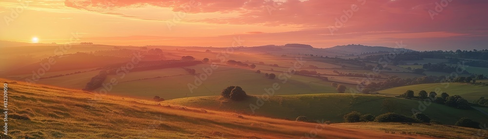 Obraz premium Breathtaking panoramic view of rolling green hills at sunset, with vibrant skies and serene landscapes, perfect for nature and travel imagery.