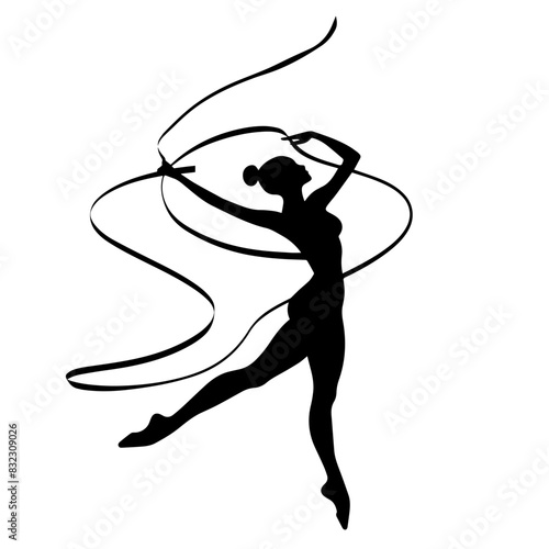 Rhythmic gymnastics with ribbon vector black isolated silhouette of woman. Rhythmic gymnastics sport, olympic games illustration.