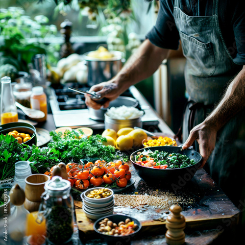 A person preparing a fresh salad with an assortment of vegetables in a home kitchen.