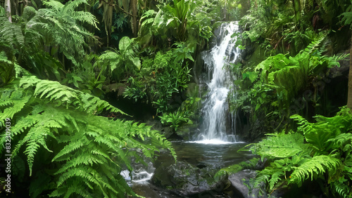 Gentle cascade of a waterfall in a lush tropical setting  with ferns and mosses clinging to the rocks