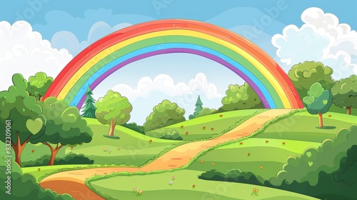 Illustration of a rainbow arching over a lush green landscape with a path, symbolizing LGBTQ+ Pride and natural beauty.