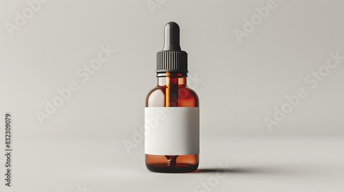 A brown glass dropper bottle with a white blank label on a light grey background, a mockup template for product presentation design.