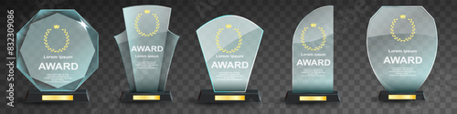 Glass award trophy set. Transparent prize template. Winner first place concept. Vector illustration. Winner glass trophy. First place award, crystal prize and signed acrylic trophies. Glass awarding t
