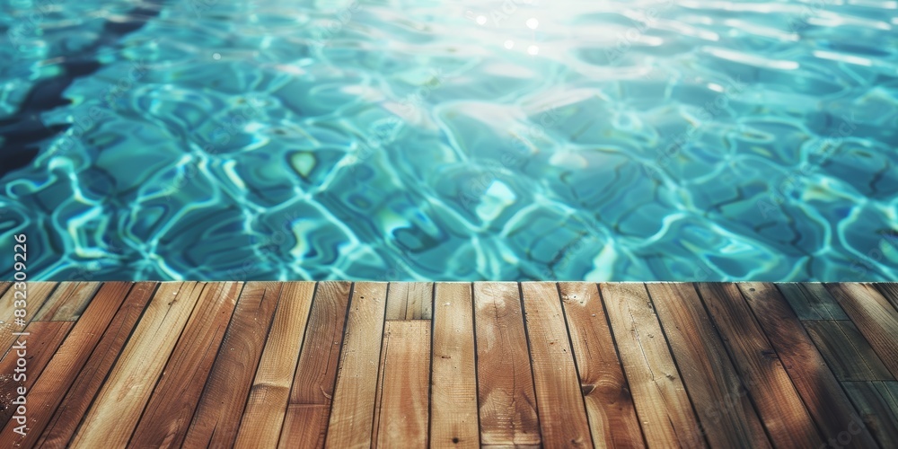 Cool, refreshing essence of summer, featuring the warm tones of a wooden sundeck contrasted with the shimmering blue and turquoise reflections of pool water, ai generated