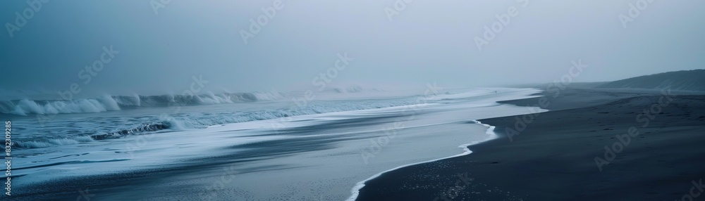 Calm and misty beach at dawn, with gentle waves lapping against the dark sand, creating a serene and tranquil atmosphere.