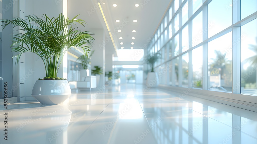 A clean, modern hospital hall with large windows and potted plants adding life to the space. creating an atmosphere that suggests high-quality healthcare services. A clean, modern hospital hall with large windows and potted plants adding life to the space. creating an atmosphere that suggests high-quality healthcare services.