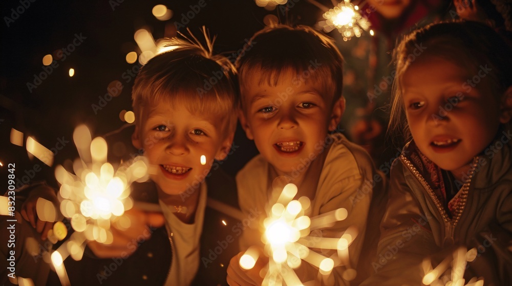 A photo of a group of children gathered around a sparkler writer, creating glowing messages and pictures in the night air. Their expressions are focused and creative, reflecting the joy of A photo of a group of children gathered around a sparkler writer, creating glowing messages and pictures in the night air. Their expressions are focused and creative, reflecting the joy of