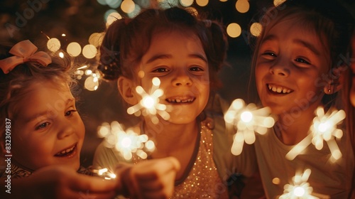 A photo of a group of children gathered around a sparkler writer, creating glowing messages and pictures in the night air. Their expressions are focused and creative, reflecting the joy of