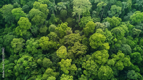 Aerial view of a lush green forest canopy from above © standret