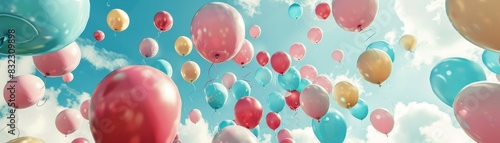 Colorful balloons floating in a clear blue sky with fluffy white clouds. A joyful and festive scene capturing the essence of celebration and happiness. photo