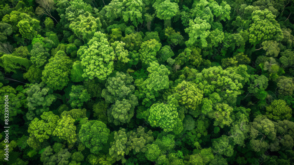 Aerial view of lush green forest with dense tree canopy