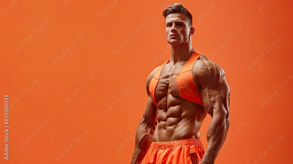 Male fitness model with lean muscles wearing tangerine gym wear, standing confidently, isolated on a tangerine background Male fitness model with lean muscles wearing tangerine gym wear, standing confidently, isolated on a tangerine background