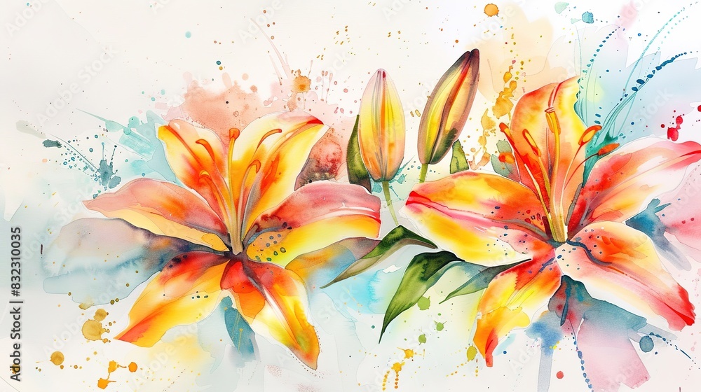 Vivid Watercolor Painting Showcasing Exotic Flowers, Including Blooming Lilies on White Background. Surrealistic Floral Art with Detailed Elements and Colorful Macaron Hues. Vivid Watercolor Painting Showcasing Exotic Flowers, Including Blooming Lilies on White Background. Surrealistic Floral Art with Detailed Elements and Colorful Macaron Hues.