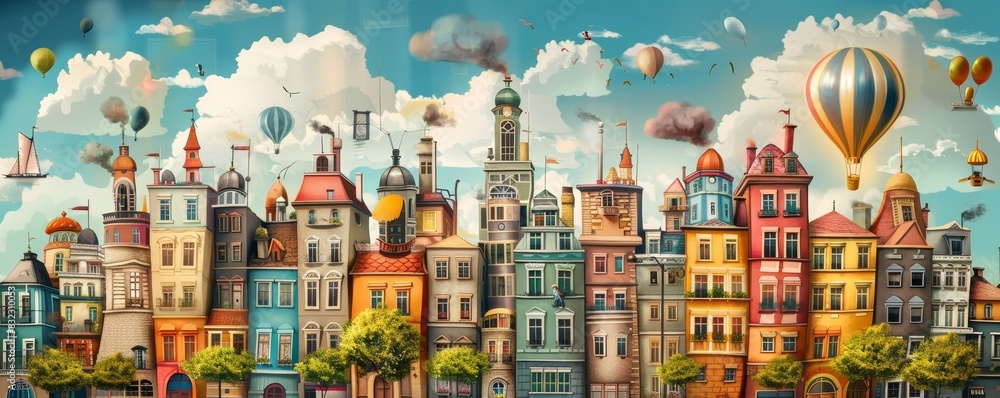 Colorful illustration of a whimsical cityscape with diverse, vibrant buildings and hot air balloons floating in the sky on a sunny day.