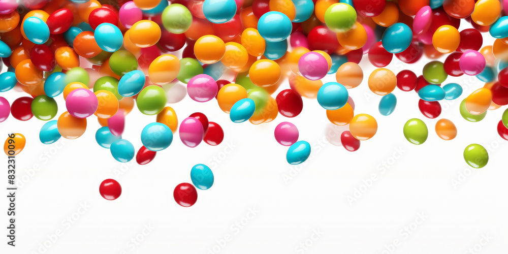 Colorful candies falling on white background, copy space for text Colorful candies falling on white background, copy space for text